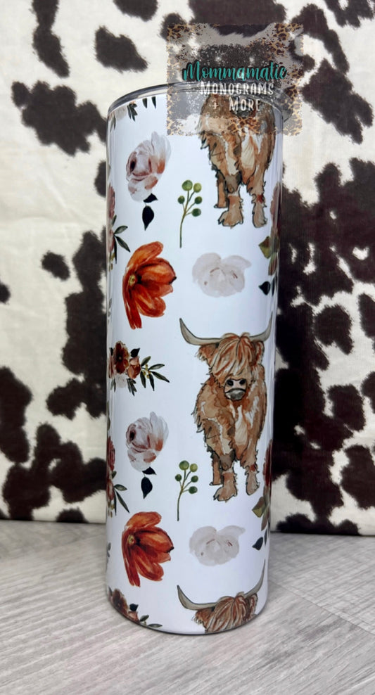 Maroon Floral Highland Cow Tumbler