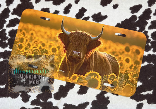 Sunflower Highland Cow License Plate