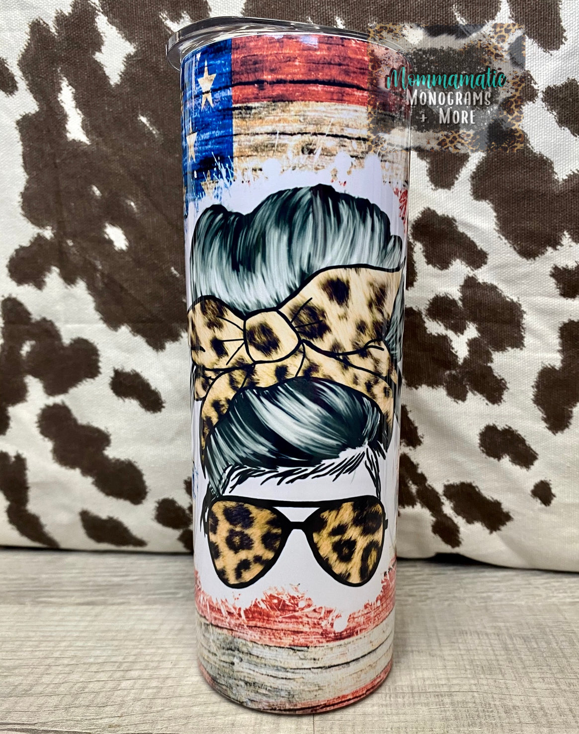 Messy Bun Leopard + American Flag Tumbler
