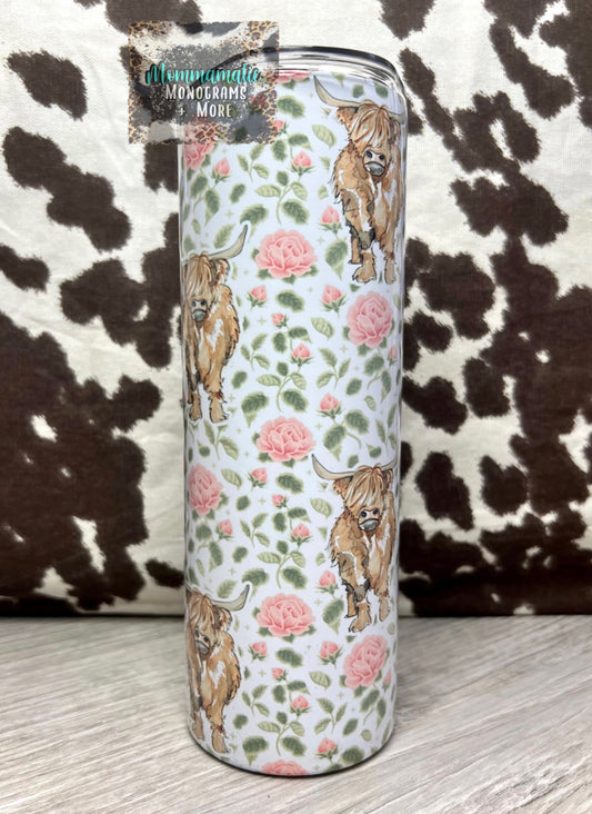 Floral Highland Cow Tumbler